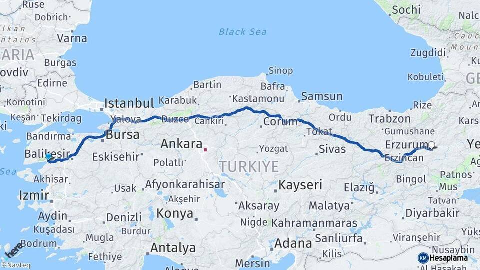 Balıkesir Edremit Erzurum Arası Kaç Km - Yol Haritası