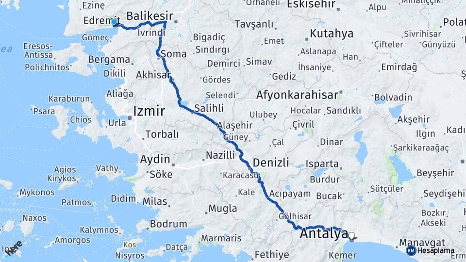 Balıkesir Edremit Güre Antalya Arası Kaç Km - Yol Haritası