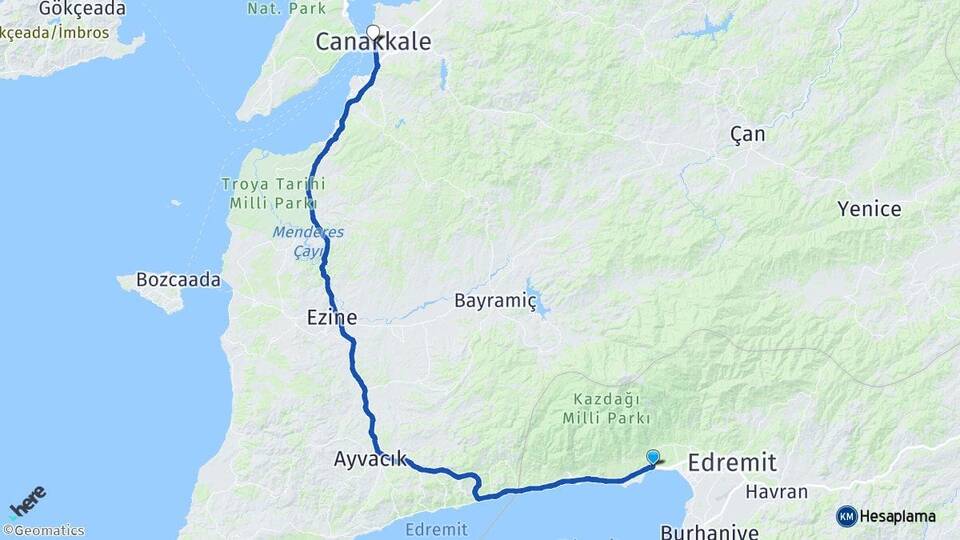 Balıkesir Edremit Güre Çanakkale Arası Kaç Km - Yol Haritası