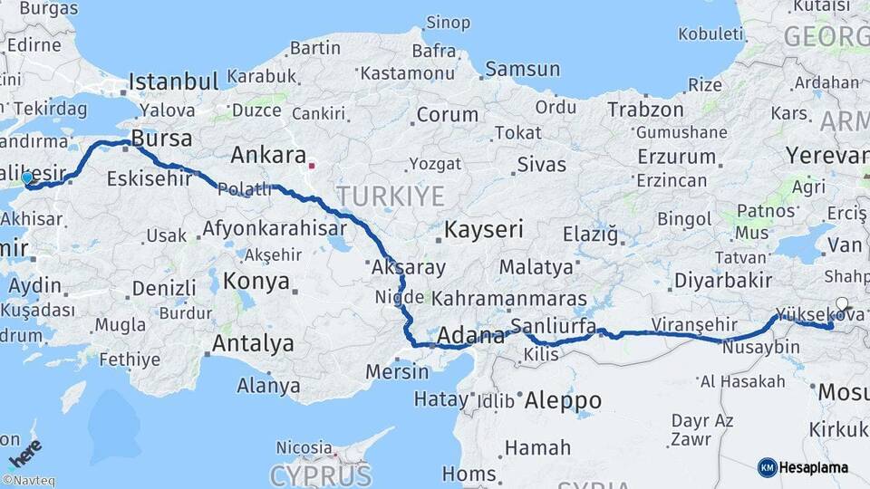 Balıkesir Edremit Hakkari Arası Kaç Km - Yol Haritası