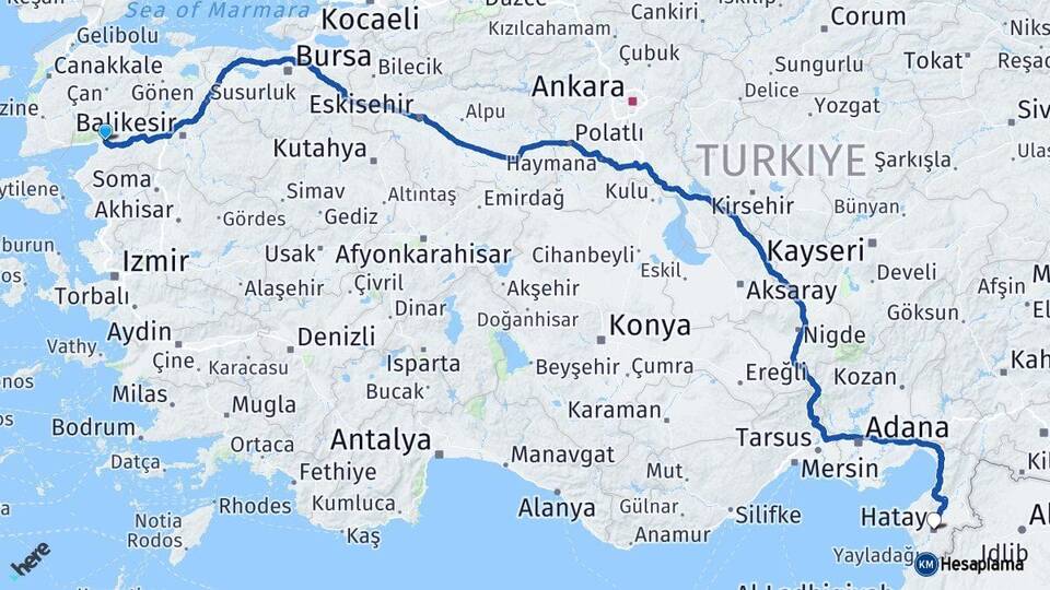 Balıkesir Edremit Hatay Arası Kaç Km - Yol Haritası