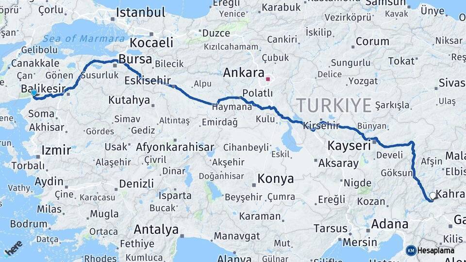Balıkesir Edremit Kahramanmaraş Arası Kaç Km - Yol Haritası