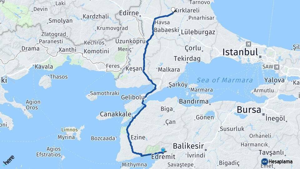Balıkesir Edremit Kırklareli Arası Kaç Km - Yol Haritası