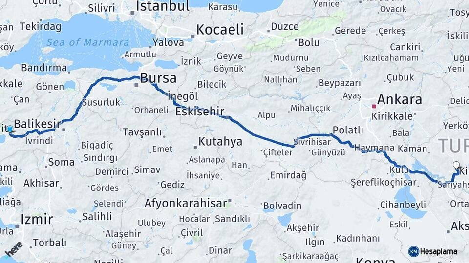 Balıkesir Edremit Kırşehir Arası Kaç Km - Yol Haritası
