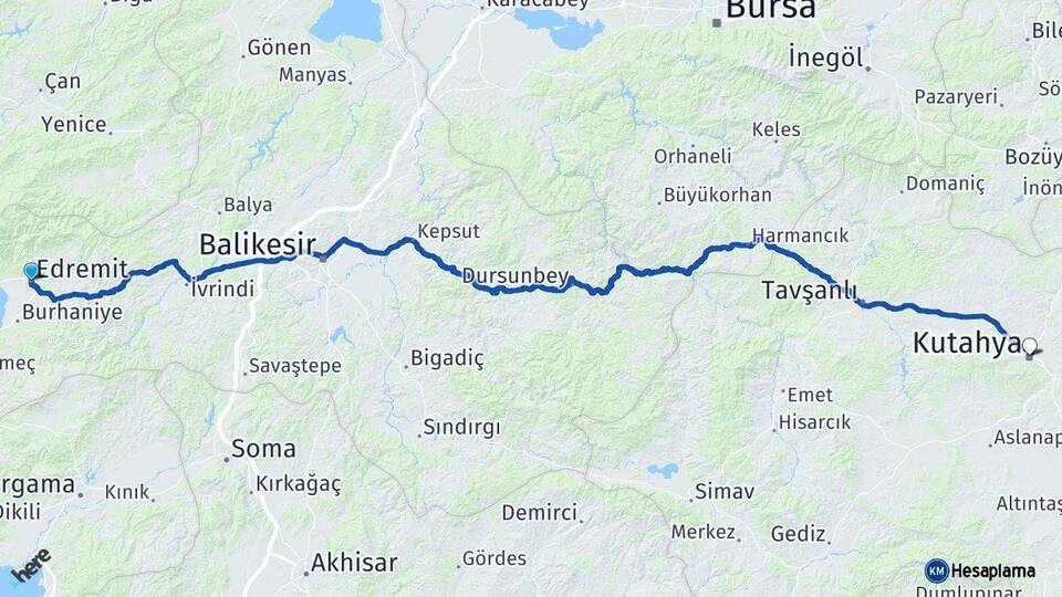 Balıkesir Edremit Kütahya Arası Kaç Km - Yol Haritası