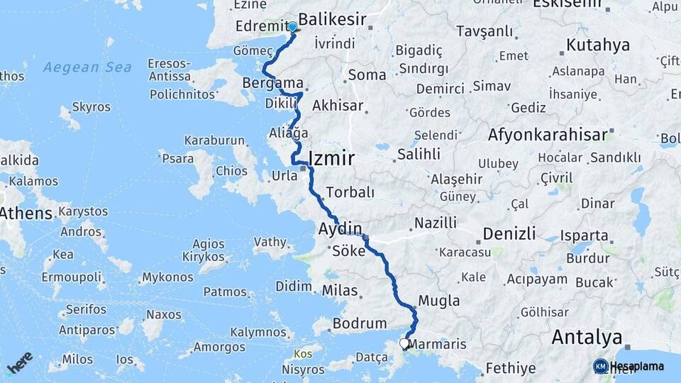Balıkesir Edremit Marmaris Muğla Arası Kaç Km - Yol Haritası