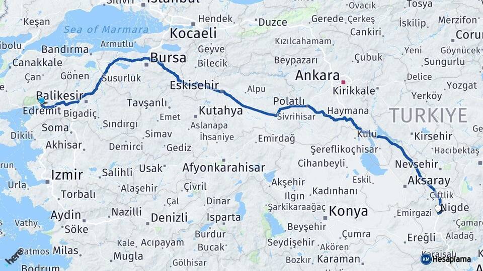 Balıkesir Edremit Niğde Arası Kaç Km - Yol Haritası