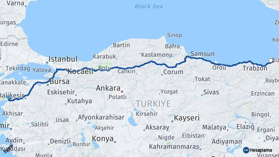 Balıkesir Edremit Rize Arası Kaç Km - Yol Haritası