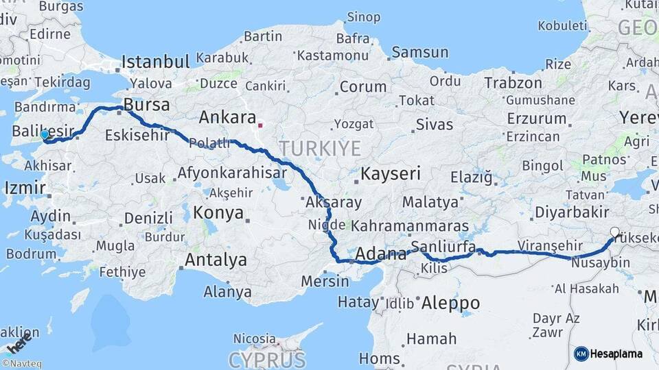 Balıkesir Edremit Şırnak Arası Kaç Km - Yol Haritası
