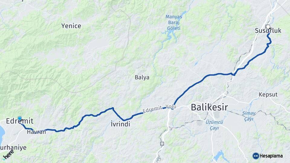 Balıkesir Edremit Susurluk Arası Kaç Km - Yol Haritası