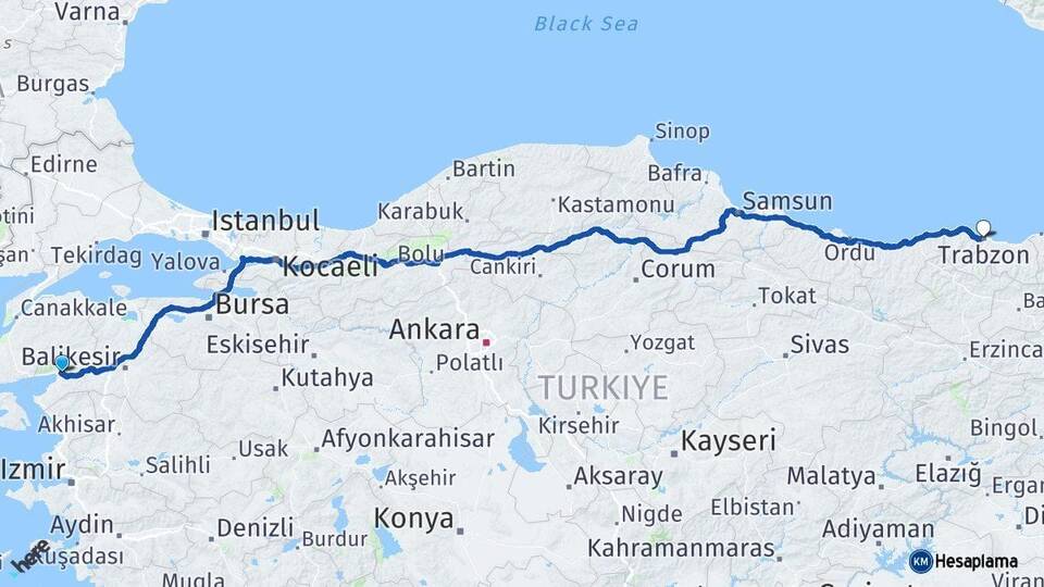 Balıkesir Edremit Trabzon Arası Kaç Km - Yol Haritası