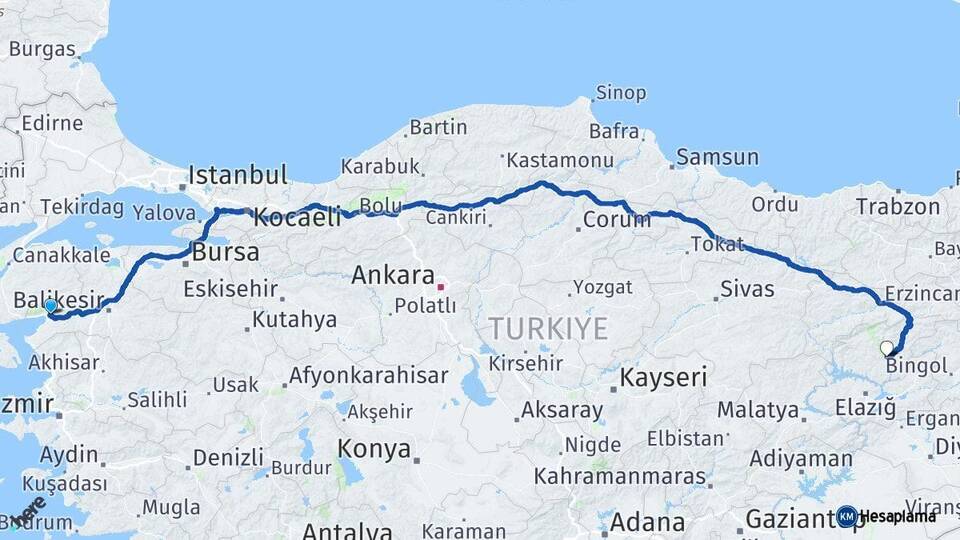 Balıkesir Edremit Tunceli Arası Kaç Km - Yol Haritası