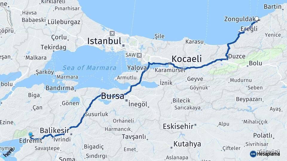 Balıkesir Edremit Zonguldak Arası Kaç Km - Yol Haritası
