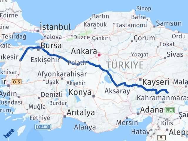 Balıkesir Ekinözü Kahramanmaraş Arası Kaç Km - Yol Haritası