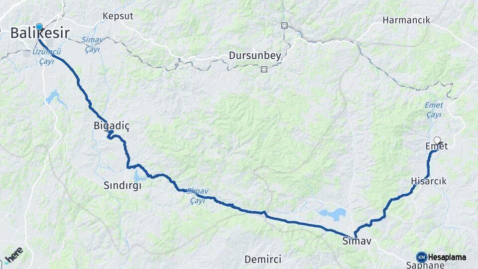Balıkesir Emet Kütahya Arası Kaç Km - Yol Haritası