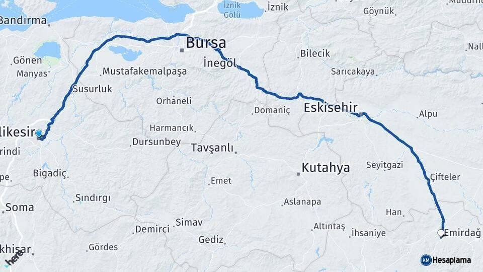 Balıkesir Emirdağ Afyonkarahisar Arası Kaç Km - Yol Haritası
