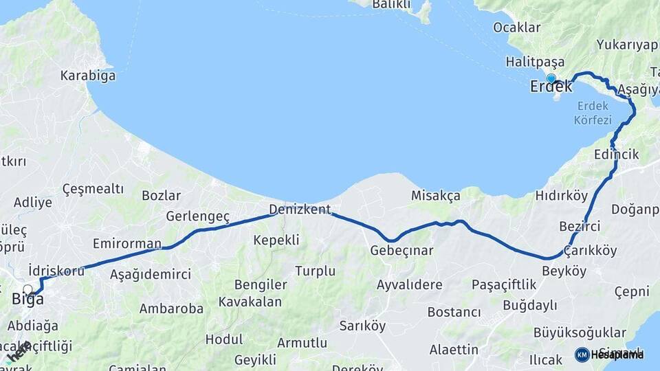 Balıkesir Erdek Biga Çanakkale Arası Kaç Km - Yol Haritası