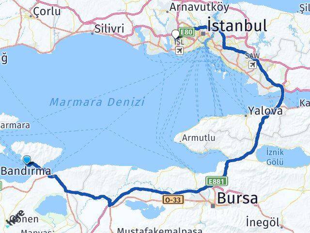 Balıkesir Erdek Halkalı Küçükçekmece İstanbul Arası Kaç Km - Yol Haritası
