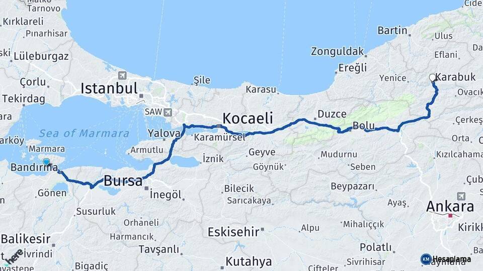 Balıkesir Erdek Karabük Arası Kaç Km - Yol Haritası