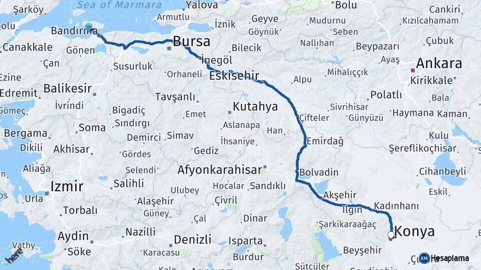 Balıkesir Erdek Konya Arası Kaç Km - Yol Haritası
