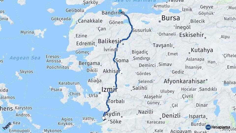 Balıkesir Erdek Kuşadası Aydın Arası Kaç Km - Yol Haritası