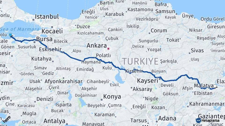 Balıkesir Erdek Malatya Arası Kaç Km - Yol Haritası