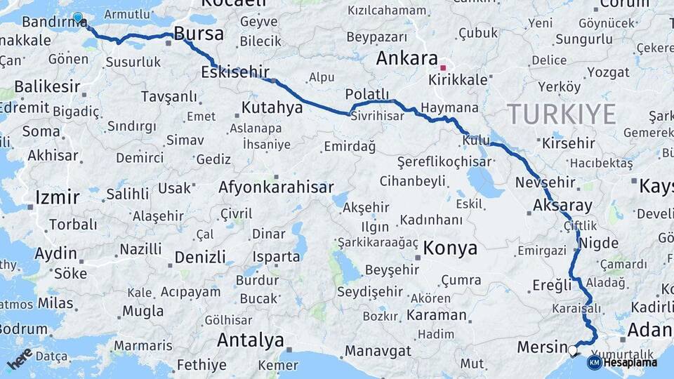 Balıkesir Erdek Mersin Arası Kaç Km - Yol Haritası