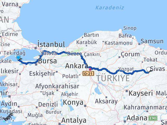 Balıkesir Erdek Sivas Arası Kaç Km - Yol Haritası