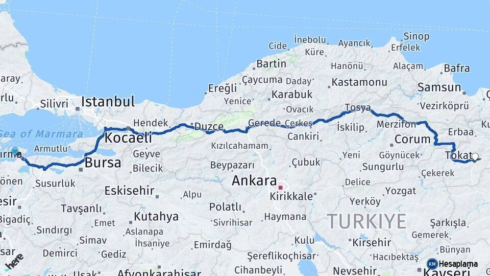 Balıkesir Erdek Tokat Arası Kaç Km - Yol Haritası