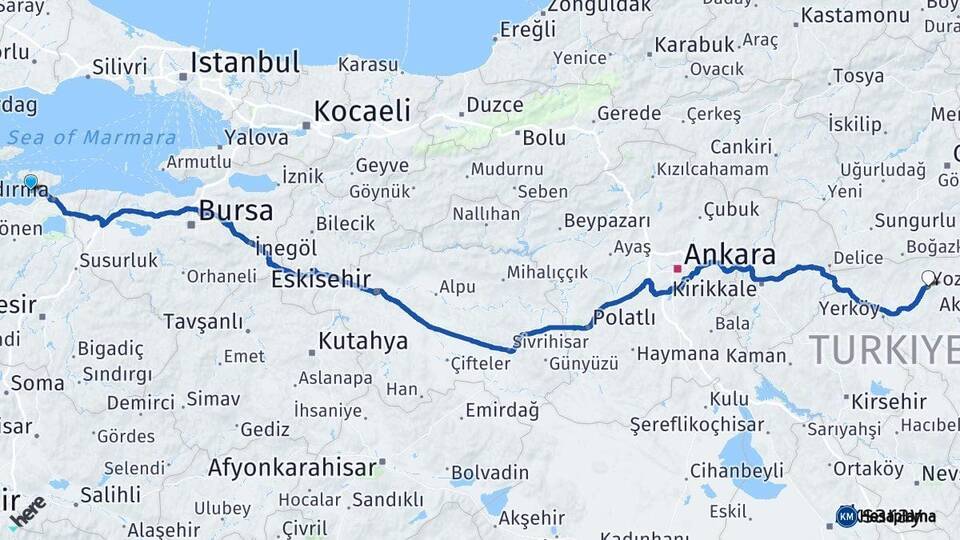 Balıkesir Erdek Yozgat Arası Kaç Km - Yol Haritası