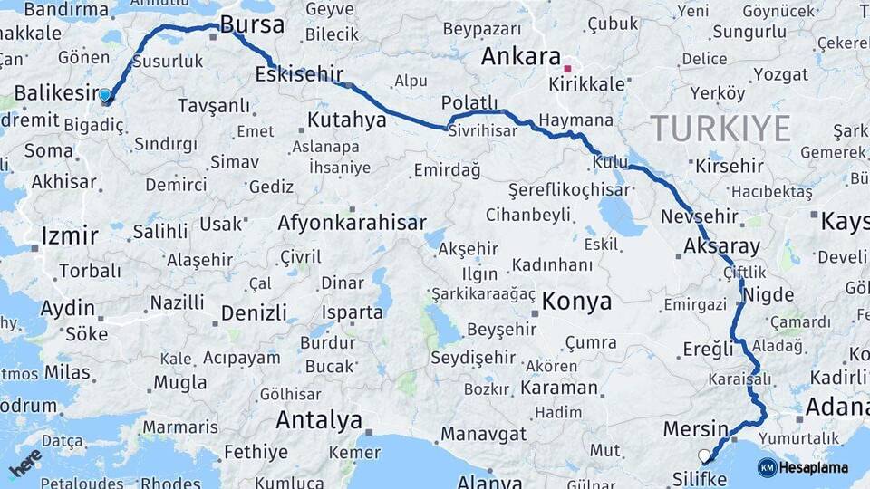 Balıkesir Erdemli Mersin Arası Kaç Km - Yol Haritası