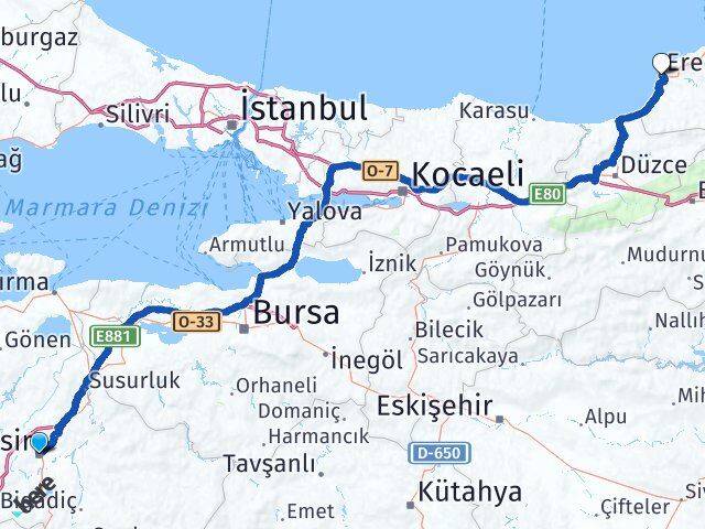 Balıkesir Ereğli Zonguldak Arası Kaç Km - Yol Haritası