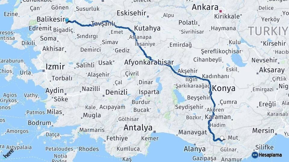 Balıkesir Ermenek Karaman Arası Kaç Km - Yol Haritası