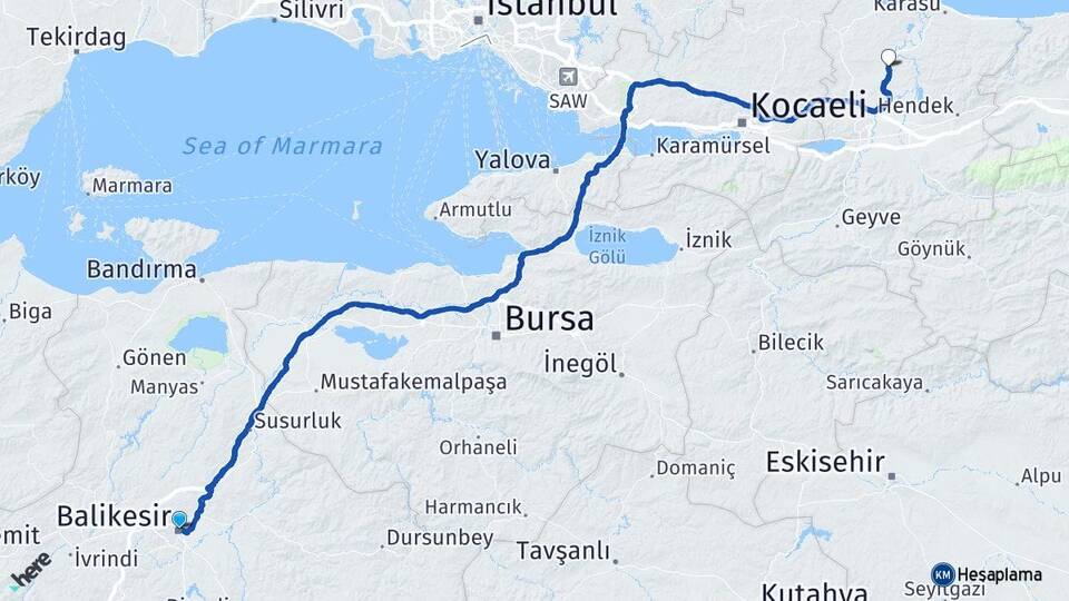 Balıkesir Ferizli Sakarya Arası Kaç Km - Yol Haritası