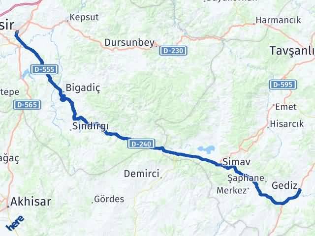 Balıkesir Gediz Kütahya Arası Kaç Km - Yol Haritası
