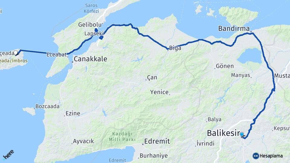 Balıkesir Gökçeada Çanakkale Arası Kaç Km - Yol Haritası