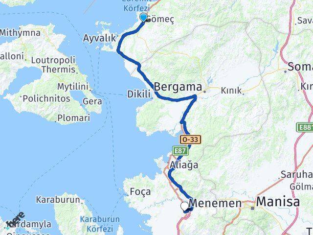 Balıkesir Gömeç Atatürk Menemen İzmir Arası Kaç Km - Yol Haritası