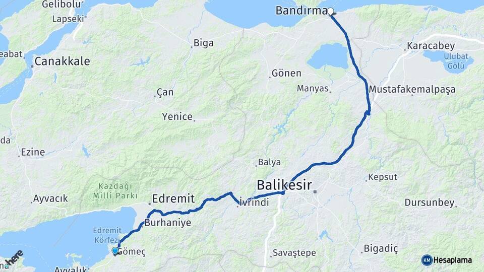 Balıkesir Gömeç Bandırma Arası Kaç Km - Yol Haritası