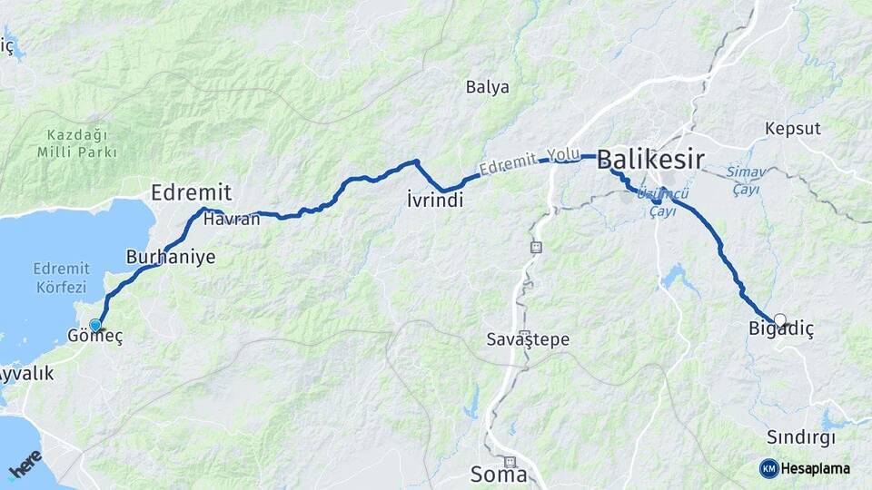Balıkesir Gömeç Bigadiç Arası Kaç Km - Yol Haritası