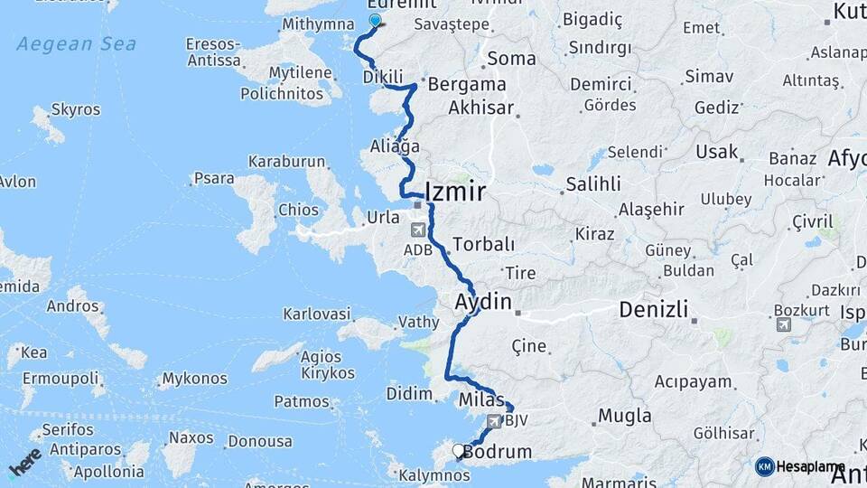 Balıkesir Gömeç Bodrum Muğla Arası Kaç Km - Yol Haritası