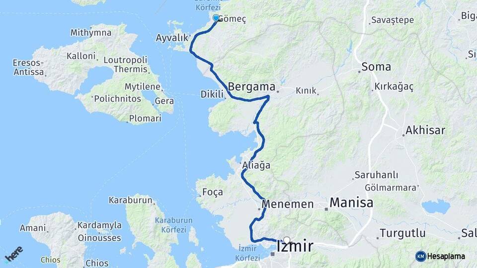 Balıkesir Gömeç Bornova İzmir Arası Kaç Km - Yol Haritası