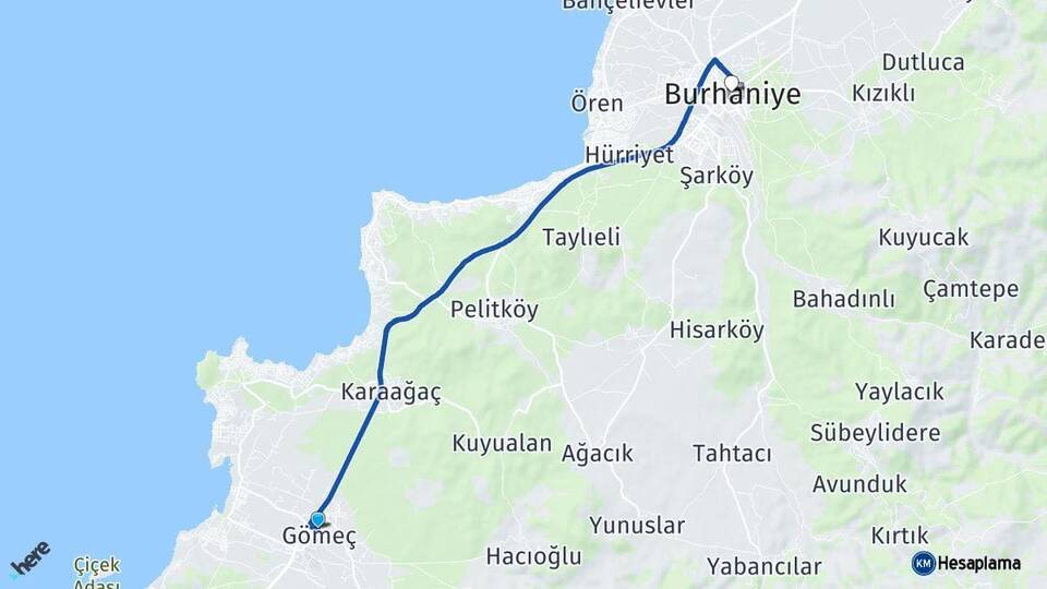Balıkesir Gömeç Burhaniye Arası Kaç Km - Yol Haritası