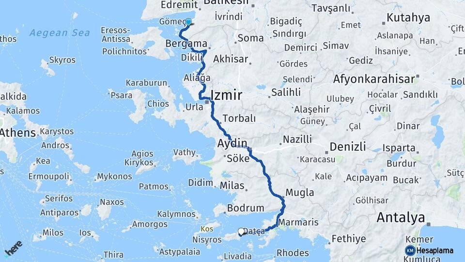 Balıkesir Gömeç Datça Muğla Arası Kaç Km - Yol Haritası