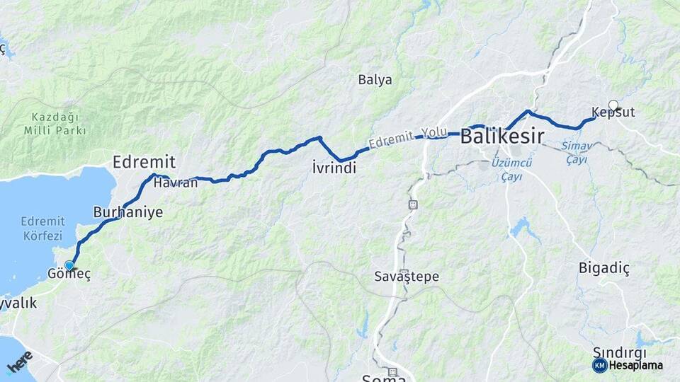 Balıkesir Gömeç Kepsut Arası Kaç Km - Yol Haritası
