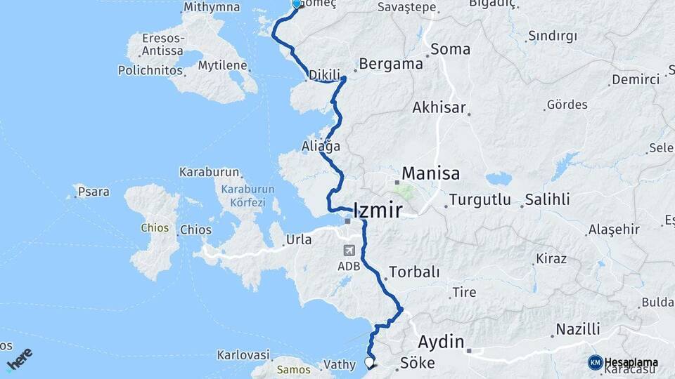Balıkesir Gömeç Kuşadası Aydın Arası Kaç Km - Yol Haritası