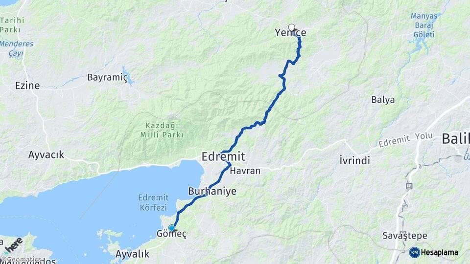 Balıkesir Gömeç Yenice Çanakkale Arası Kaç Km - Yol Haritası