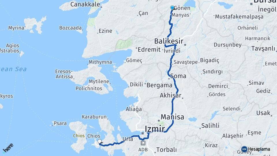 Balıkesir Gönen Alaçatı Çeşme İzmir Arası Kaç Km - Yol Haritası