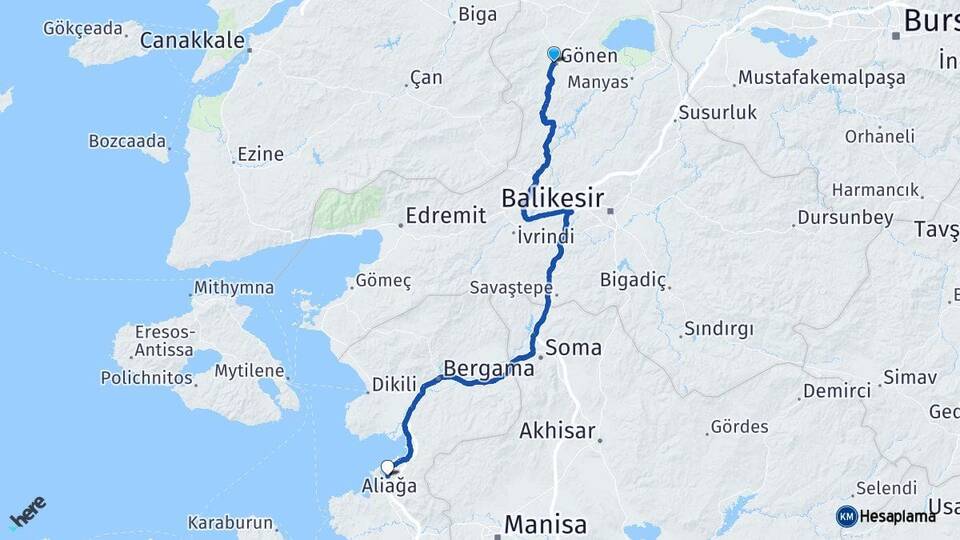 Balıkesir Gönen Aliağa İzmir Arası Kaç Km - Yol Haritası