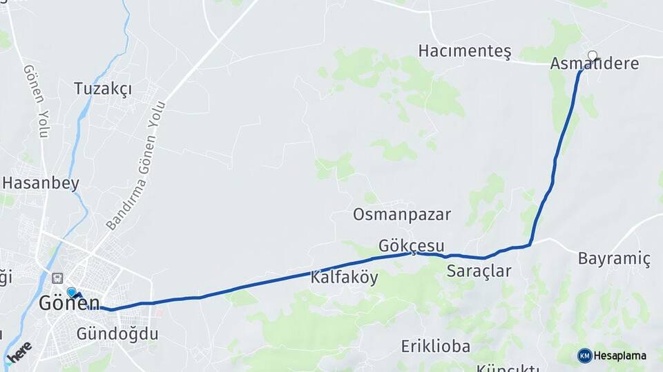 Balıkesir Gönen Asmalıdere Gönen Arası Kaç Km - Yol Haritası