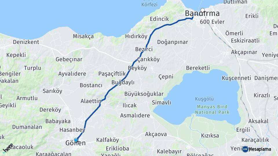 Balıkesir Gönen Bandırma Arası Kaç Km - Yol Haritası